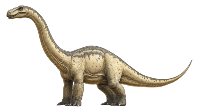 Charming cartoon baby Brachiosaurus on a clean white backdrop, vibrant colors, ideal for children's materials and educational content