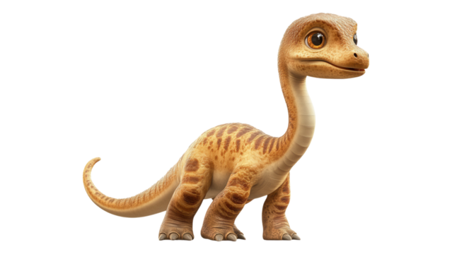 Cartoon illustration of a baby Brachiosaurus on a white background, vibrant colors, playful design, ideal for educational purposes, child-friendly.