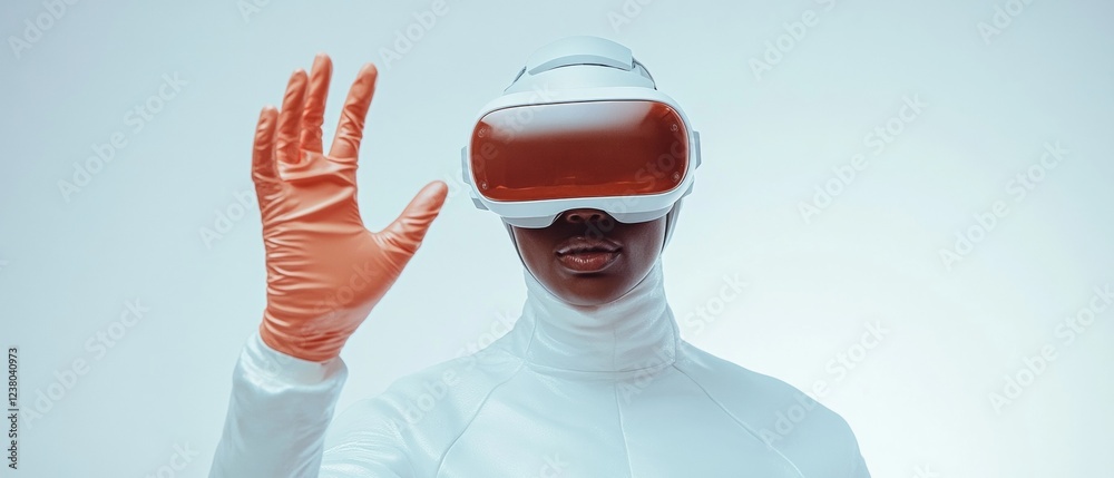 Poster Futuristic Workspace Dynamics Advanced VR Headsets and Interactive Gloves in Minimalist Design - Empowering Modern Office Productivity and Immersive Tech Experiences