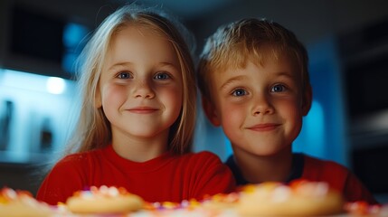 Two siblings baking cookies in a messy kitchen flour and sprinkles everywhere bright lighting with a cozy rustic vibe