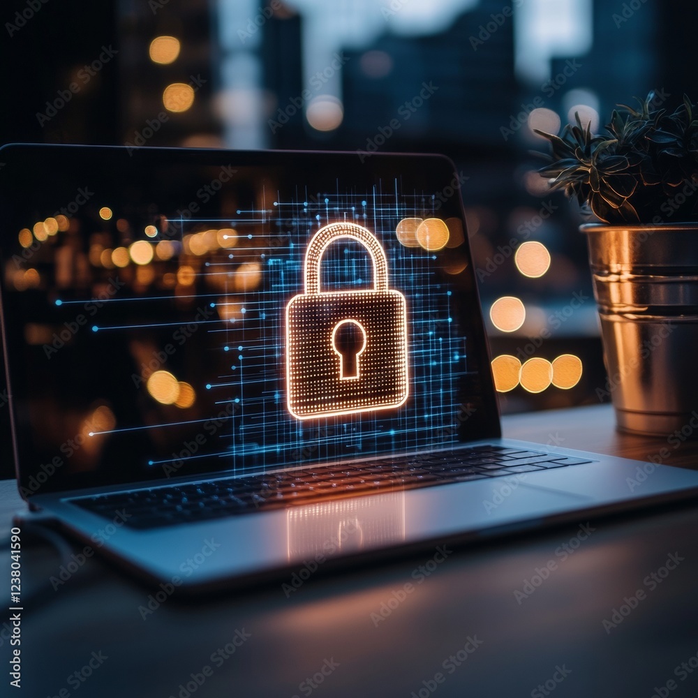 Poster Cybersecurity Desk Setup Futuristic Interface with Digital Lock Projection on Urban Nightscape High-Tech Office Security for Modern Remote Work Environments
