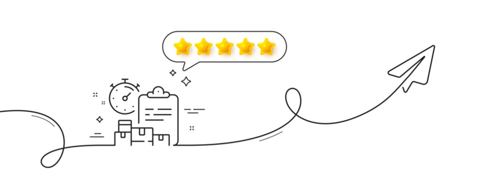 Delivery report line icon. Continuous line with share plane. Parcel documents sign. Express service symbol. Five star rate review in speech bubble. Delivery report single line ribbon. Vector