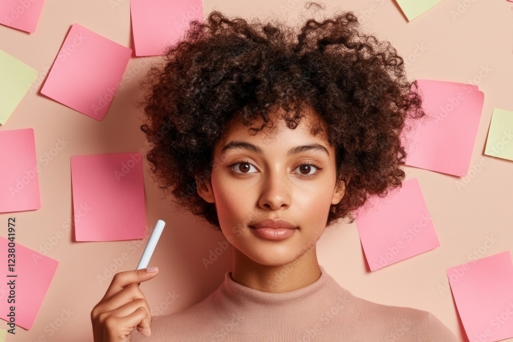Poster empowered female leadership curly-haired latina with marker and sticky notes - creative team strateg