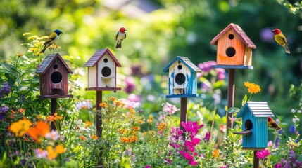 Colorful birdhouses surrounded by vibrant flowers in a serene garden setting.