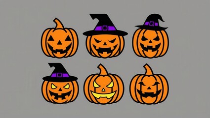 Six Halloween Jack o lanterns with Witch Hats Spooky Autumn Pumpkins Festive Holiday Design Elements
