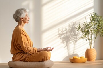 Side view of elderly woman with eyes closed enjoying morning meditation while sitting on cushion in room with minimalist interior. Copy space. Concept: slow living, Therapeutic Laziness, hobby, calm 
