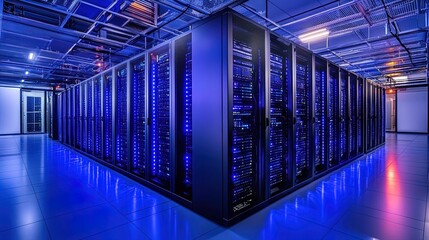 Fototapeta premium A futuristic data center with rows of servers glowing in neon blue, sleek and high-tech