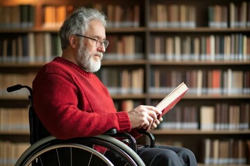 Elderly man in wheelchair reading book in library, bookshelves behind, copy space. Disabled person without the ability to move independently. Concept: inclusivity, hobby, education