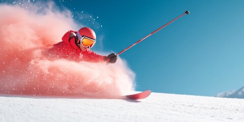 Vibrant Winter Sports Portraiture Dynamic Downhill Skier in Red Gear and Goggles Amidst Snow Burst - Action for Activewear Branding and Adventure Tourism Marketing