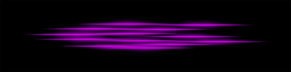 Abstract purple light streaks background. Glowing horizontal lines with motion blur effect on a dark backdrop. Futuristic speed, energy flow, laser beams, and technology concept.