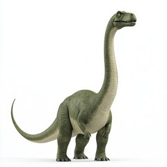 Gentle Brachiosaurus stretching its long neck towards the sky, placed on a bright white background