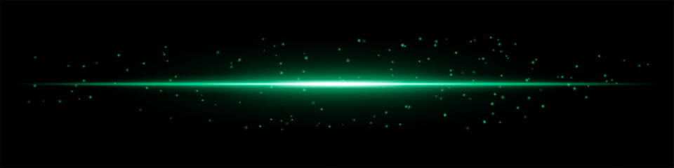 Glowing green horizontal light beam with scattered particles on a dark background. Futuristic energy burst, laser effect, sci-fi illumination, and digital glow concept.