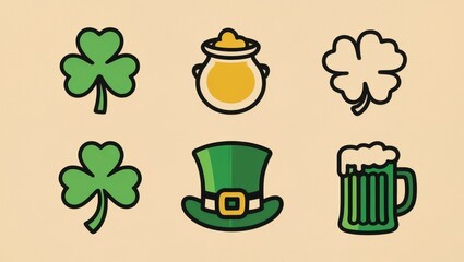 St Patrick s Day Icons Shamrocks Leprechaun Hat Beer Mug Pot of Gold Festive Irish Holiday Graphics
