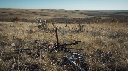 Crashed drone lying in grassy field with broken propellers and scattered debris under clear blue sky. Drone accident aftermath, technology failure, and aerial device damage concept.