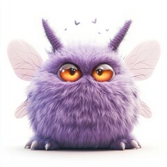 Fototapeta premium Giant fluffy purple monster with tiny wings and glowing eyes, isolated on a clean white background