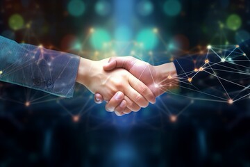 Una stretta di mano professionale con una sovrapposizione di rete digitale rappresenta il rapporto uomo e tecnologia