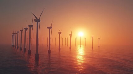 A wind farm on the sea at sunset, with silhouettes of many large and small modern wind turbines against an orange sky. 