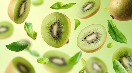 Fototapeta premium Kiwi con mezze fette che cadono o fluttuano nell'aria con foglie verdi isolate sullo sfondo, frutta fresca biologica con alto contenuto di vitamine e minerali