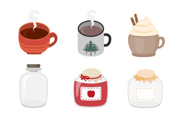 Elements Featuring hot drink, dessert sundae and fruit jam in a glass bottle