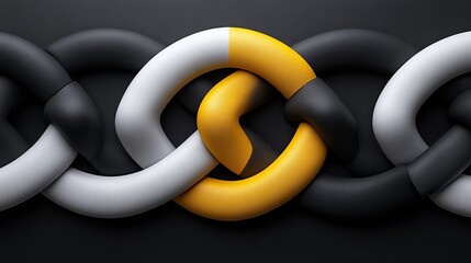 Naklejka premium Abstract modern connection symbol on anthracite gray background with luminous points linked together in sleek white, gray, and black design, featuring a subtle yellow detail.