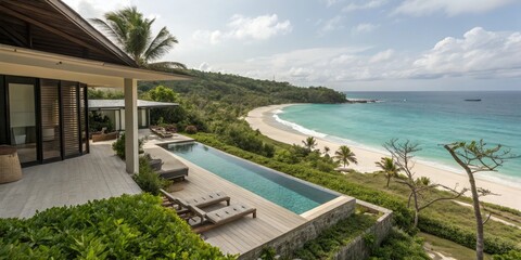 Fototapeta premium Oceanfront villa with pool and private beach access, tropical villa, private beach, oceanfront