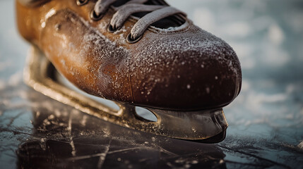 A detailed macro shot of an ice skate’s worn blade, fine scratches catching the light, the ice beneath showing layered marks from past performances