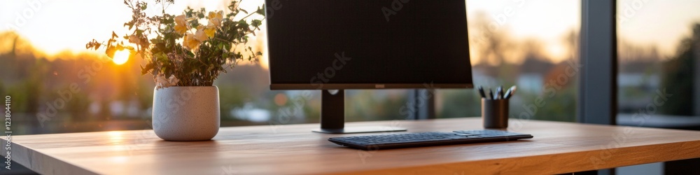 Leinwandbilder Minimalist Workstation with Wooden Desk and Multi-Monitor Setup in Tech Hub Enhancing Ergonomic Learning Spaces for Modern Digital Professionals