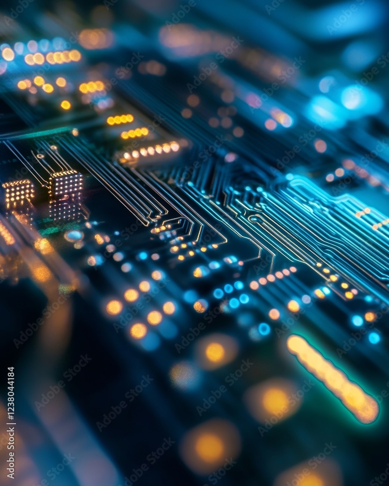 Aufkleber Neon Futuristic Circuitry Glowing Pathways on Server Hardware for Cutting-Edge Network Security in Data Centers - Tech Innovation for Enhanced Digital Infrastructure