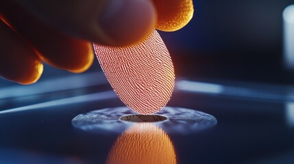 Evidence-based procedures of crime scene investigators concept. A glowing fingerprint is gently placed on a digital scanner, showcasing biometric technology and security features.