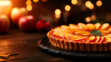French Tarte aux Pommes apple tart, delicately arranged with caramelized apple slices, served warm with cream in a countryside cafe, European desserts, rustic artistry