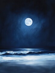 Photograph of a full moon over the ocean at night, with a dark blue sky and soft waves on the shore, in a minimalist style. 