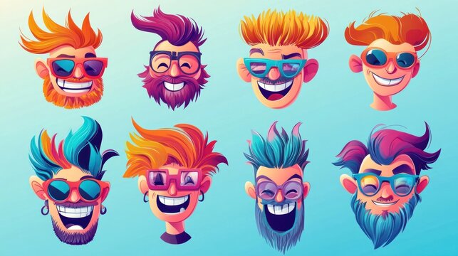 Colorful cartoon faces with various hairstyles and glasses, showcasing joyful expressions.
