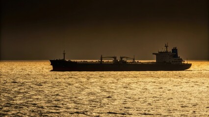 Fototapeta premium Oil tanker on black gold background, ocean, industrial, petroleum, sea