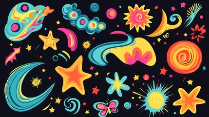 Obraz premium Colorful cosmic doodles featuring stars, planets, and whimsical shapes on a dark background.