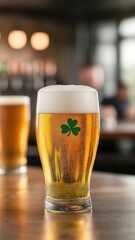 Pint of stout beer with shamrock at irish pub