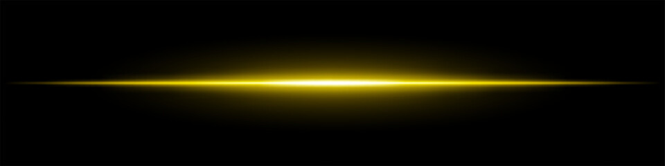 Glowing yellow horizontal light beam on a dark background. Futuristic laser effect, energy burst, neon illumination, and sci-fi digital glow concept.