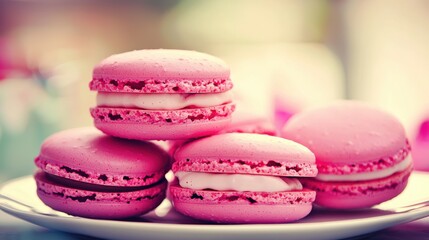 Delicious pink macarons bakery food photography bright setting close-up sweet treats and desserts