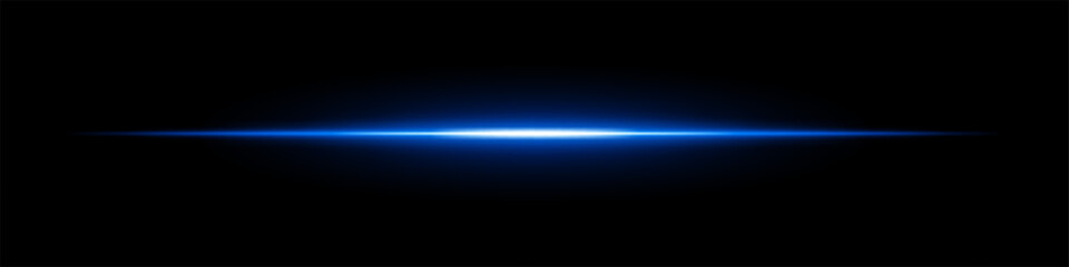 Glowing blue horizontal light beam on a dark background. Futuristic laser effect, energy burst, neon illumination, and sci-fi digital glow concept.