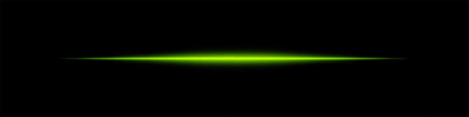 Horizontal green light beam glowing on black background. Abstract digital energy effect. Futuristic technology and sci-fi concept for design and wallpaper