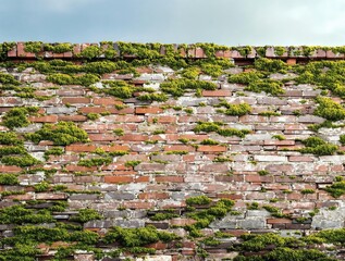 Old brick wall with moss and lichen growing on it, landscape, exterior, natural, architecture, old brick wall