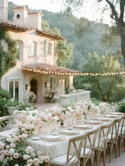 Fototapeta premium Elegant Outdoor Wedding Reception with Floral Decor 