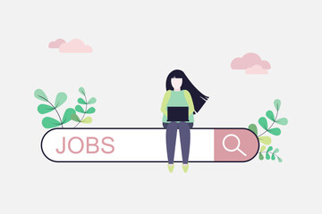 Search for new job, employment, career or job search, find opportunity, seek for vacancy or work position concept, businessman or woman online searching for jobs. Vector illustration. 