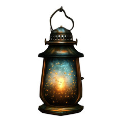Enchanting lantern illuminated by shimmering fireflies, ideal for whimsical designs, offers a transparent background for seamless use.