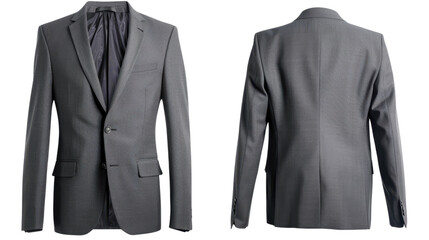Formal grey suit jacket isolated on transparent background, front and back views