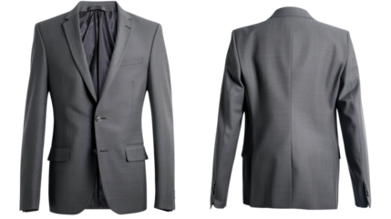 Formal grey suit jacket isolated on transparent background, front and back views