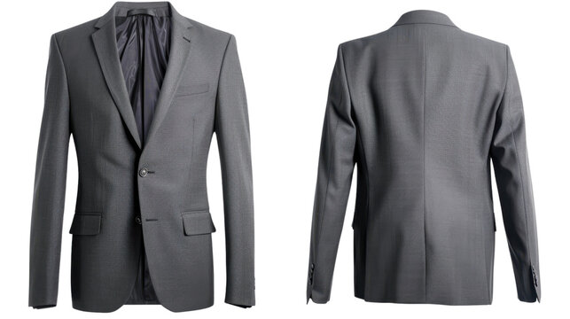 Formal grey suit jacket isolated on transparent background, front and back views