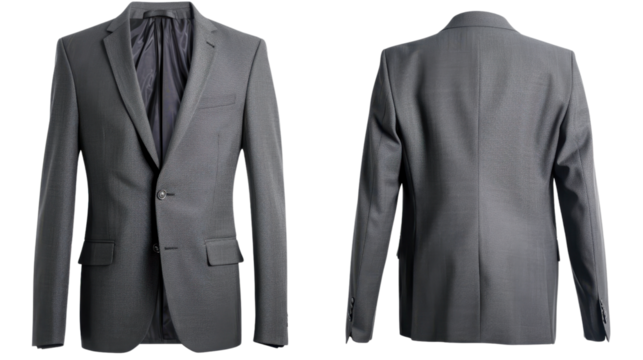Formal grey suit jacket isolated on transparent background, front and back views