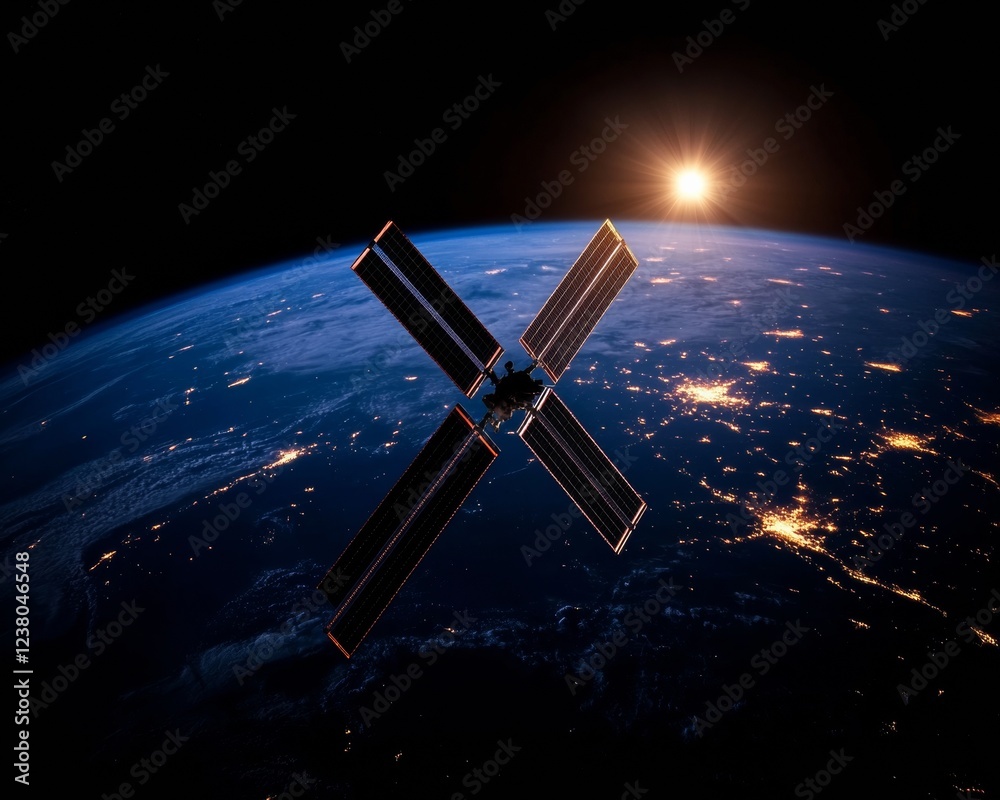 Poster Futuristic Space Tech Visual Metallic Space Station with Solar Panels and Arrays - Innovation in Satellite Operations and Global Communications for Aerospace Industry