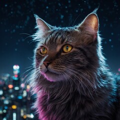 A surreal cat with fur resembling a glowing constellation, suspended in the Tokyo skyline&rsquo;s neon glow.