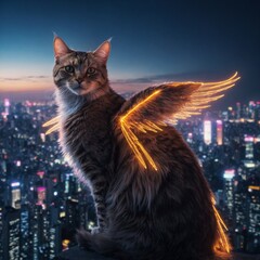 A cat with glowing wings, floating above a neon-lit Tokyo skyline, with its fur shimmering in a dreamlike glow.